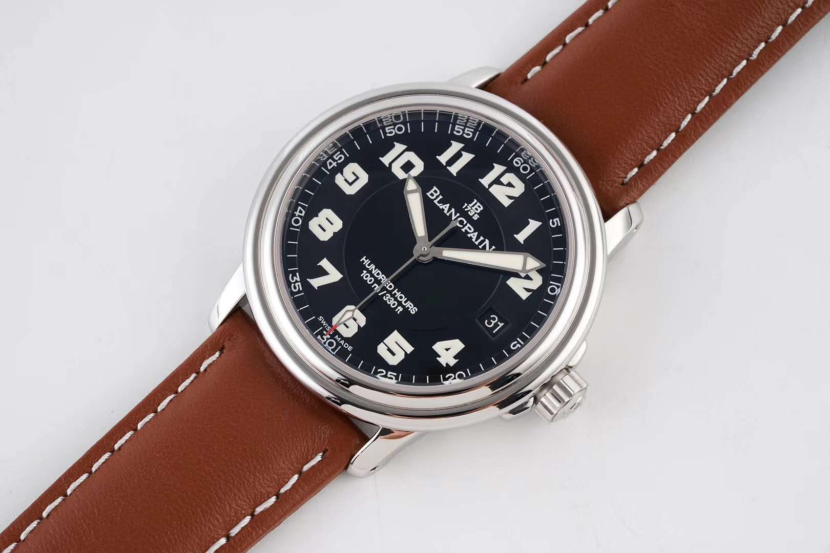 Hundred Hours Black Dial in Steel on Brown Leather Strap
