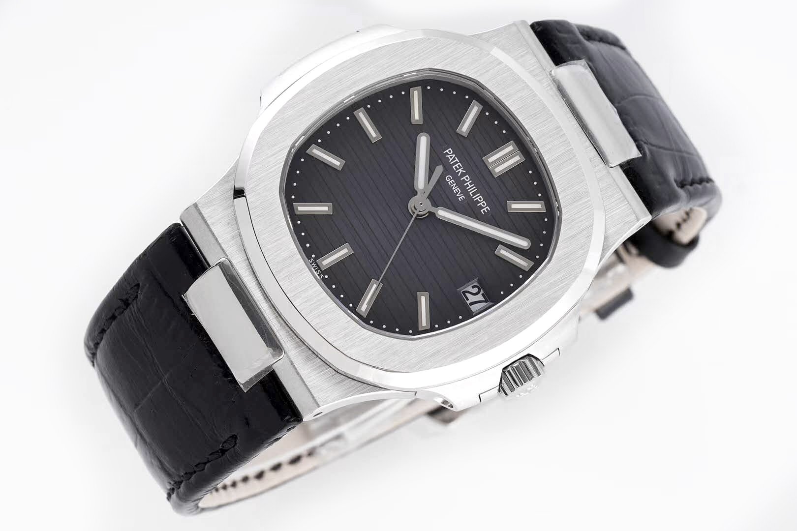 Nautilus Jumbo 5711 Grey Dial in Steel with Black Leather Strap