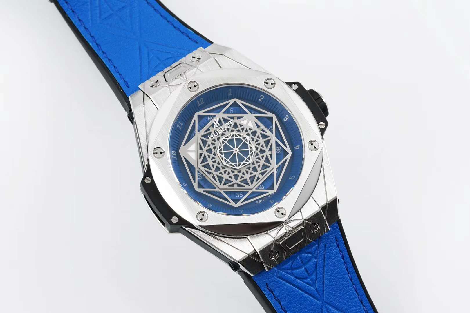 Big Bang Unico Sang Bleu in Steel on Blue Leather Strap