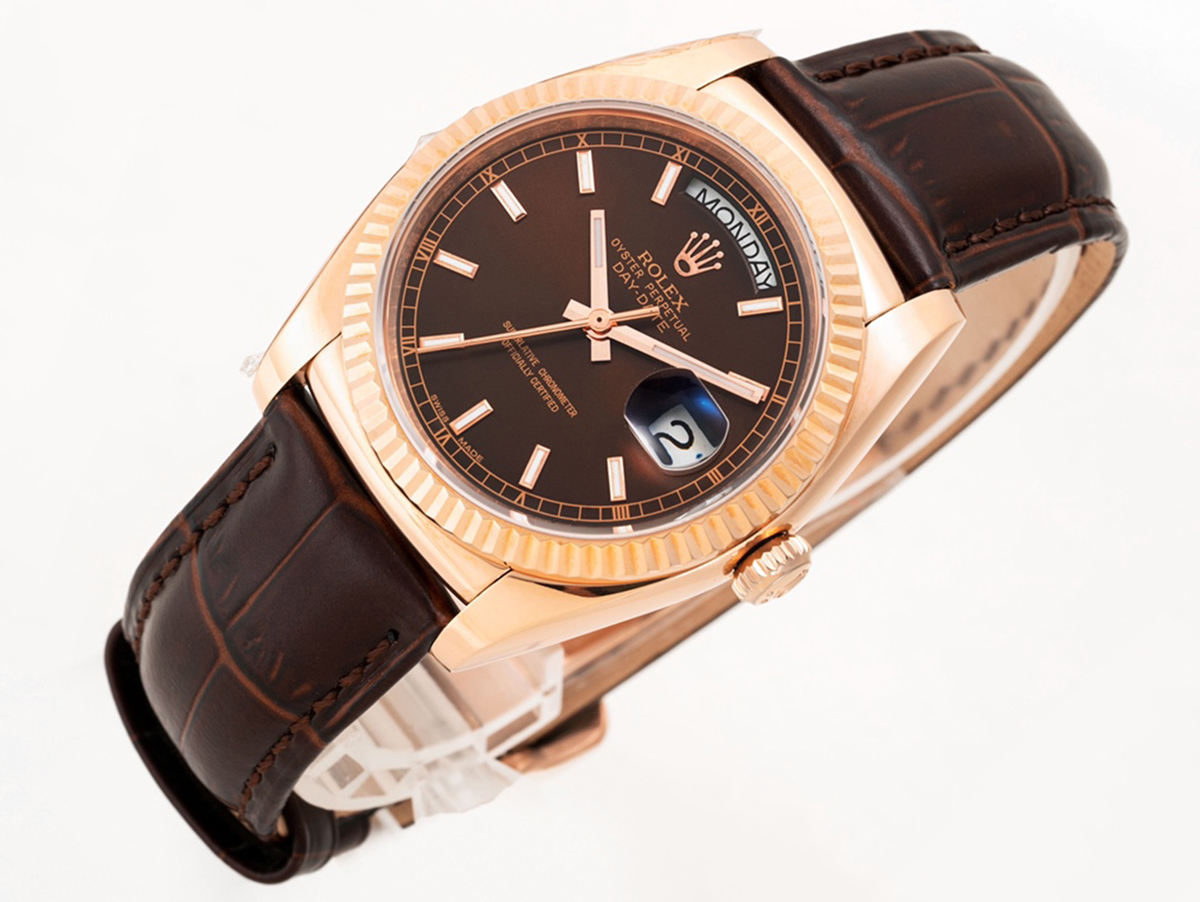 Day-Date 40 Brown Dial in Rose Gold on Leather Strap